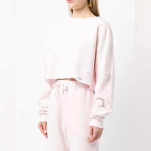 NEW! LA DETRESSE DISTRESSED CROPPED CREWNECK SWEATSHIRT BARBIE PINK | SIZE M